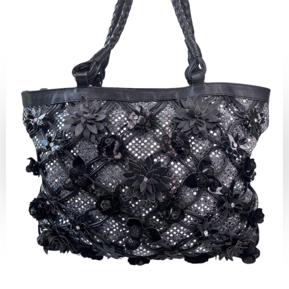 Beverly Feldman Black Leather Large Tote Silver Flowers Shoulder Bling Handbag